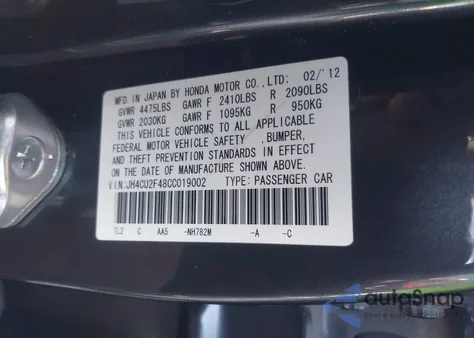 2012 Acura Tsx 2.4 from USA, damaged, VIN JH4CU2F48CC019002